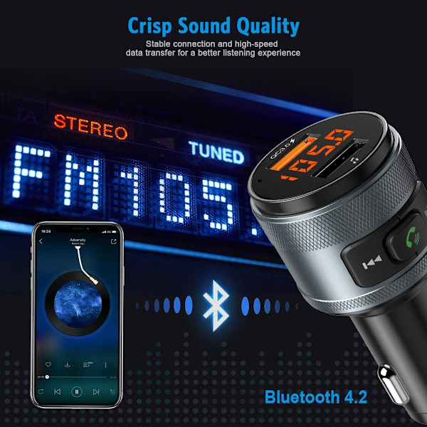 Bluetooth FM-sender til bil, trådløs radiosenderadapter bilsæt, dobbelte USB-porte, QC3.0, understøtter USB-flashdrev musikafspilning