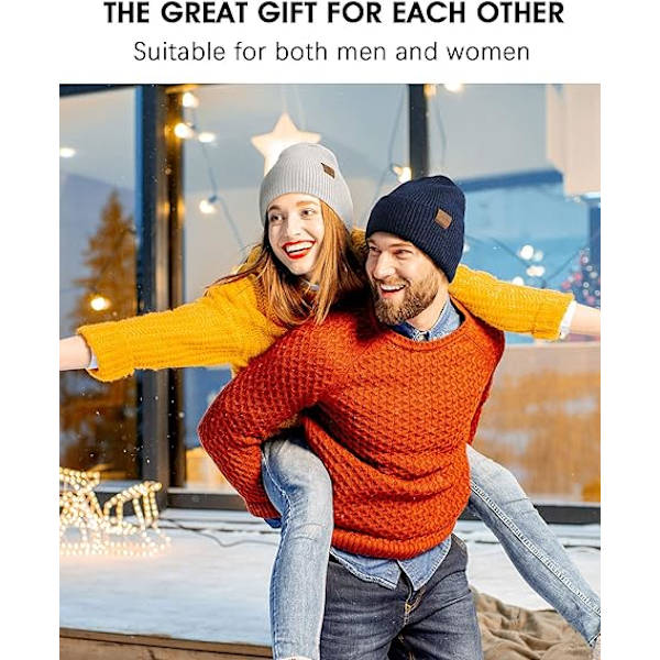 Strikket hue til mænd, dagligdags hue med opsmøg, strækbar, blød og varm, unisex komfortabel uldhue, gaver til mænd/ham/far, julegave Black