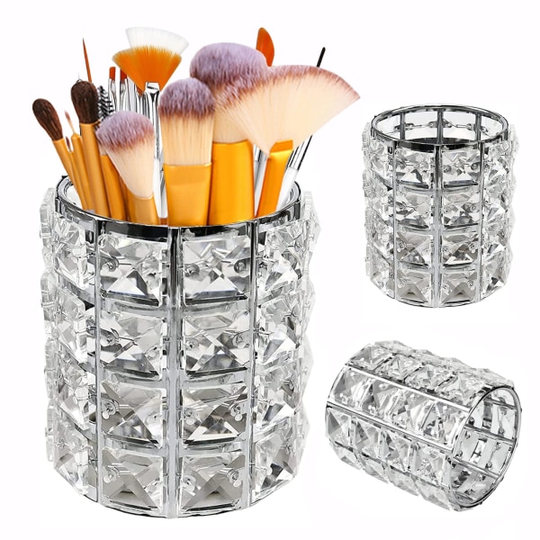 Makeup Organizer Øjenbrynskam Børsteholder Sølv Krystal Bling Beads Spand Kosmetisk opbevaring Penholder Beholder Toiletbord Tilbehør