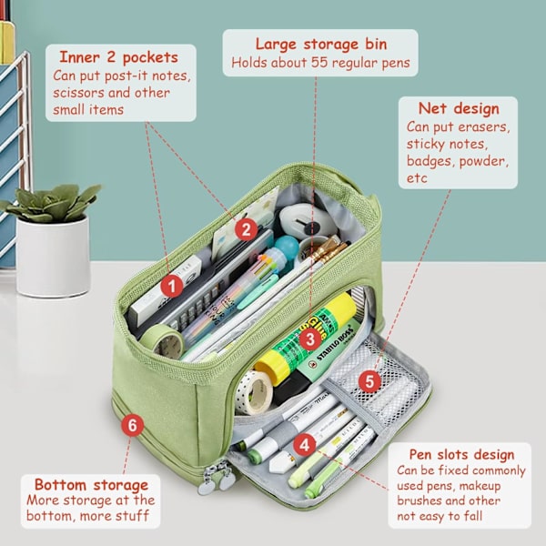 Etui til studerende, stor kapacitet voksen blyantpose kontorarrangør, enkel holdbar multifunktionel blyantpose til drenge, piger, grøn green