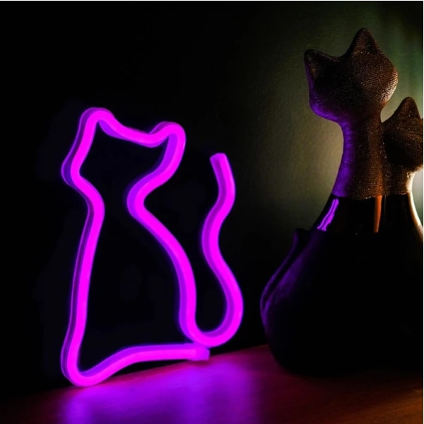 Neon-skylt med katt - väggdekoration med LED-skylt, batteridriven   USB-driven, rosa