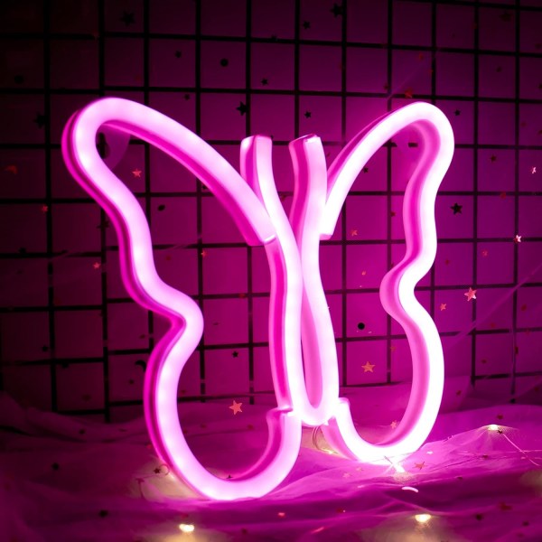 Butterfly Neon-skiltlys for veggdekorasjon på soverommet, USB eller batteri LED-veggdekorasjon (rosa) Pink 9.05" x 7.48"