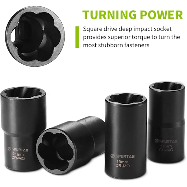 5-delt Twist Socket Sett, Fjerningsverktøy for Ødelagte Hjulmuttere, Rustne Hjulmuttere, med Dor for Mekanikere - 17MM, 19MM, 21MM, 22MM