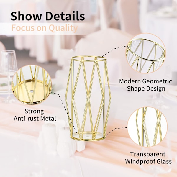 Guld Glas Orkan Ljusstakar med Geometrisk Metallställning för Bröllop Födelsedagsfest - Dekorativ Blomvas för Kontor Vardagsrum