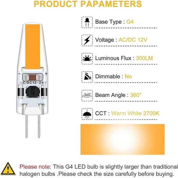 G4 LED 3W 12V AC/DC Glödlampor, G4 3W LED 30W Motsvarande Halogenlampa, 300LM, Varmvit 2700K, Ej Dimbar, 5-Pack