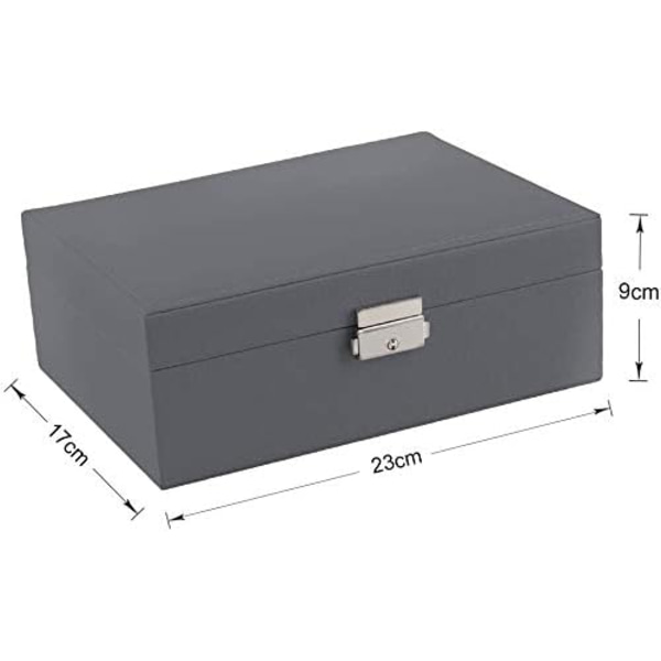 Smykkeskrin, dobbeltlags PU læder opbevaringsboks til kvinder til ringe, øreringe, armbånd, halskæder, smykkeorganisator gaveæske (Mors dags gave) Grey
