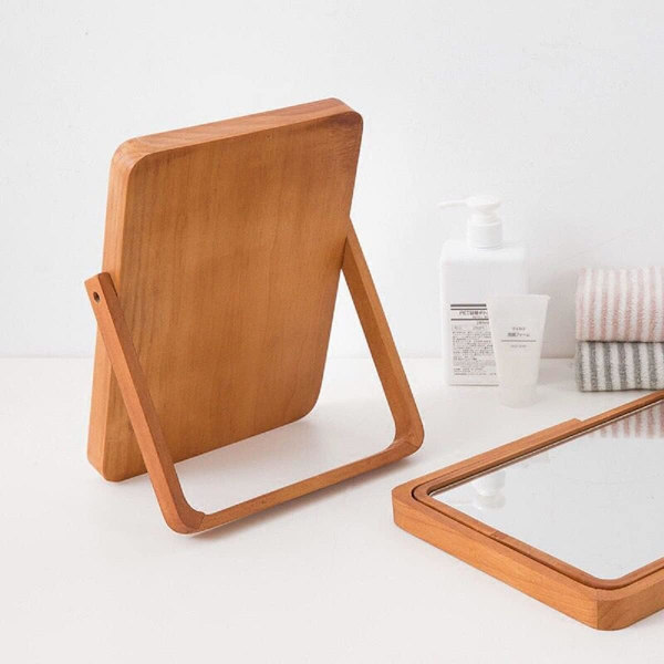 Bärbar Kosmetisk Spegel, Bordspegel Sminkspegel Multi-Vinkel Ställ Hands-Free/Stående/Bordsmodell 360° Roterande Vikbar Bambu 26x18.5x1.8 cm
