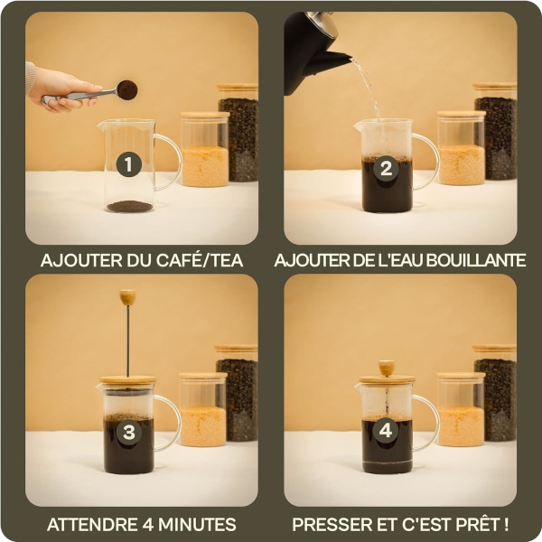 Fransk kaffebryggare, kaffepress, kaffemaskin med kolv, fransk karaff för filterkaffe, 3 koppar, rostfritt stål bambuglas, trä, 0,35 L