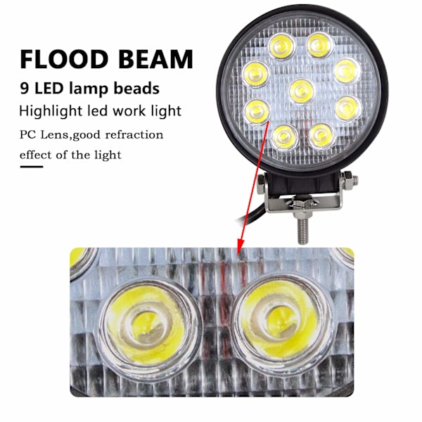 2 stk 4 tommer 27W Rundt Flomlys LED Lys Bar, Bred Lysstråle Arbeidslys for Off Road Truck SUV og 4x4 Tåkelys