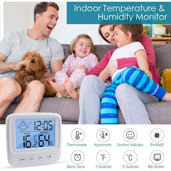 Digitalt Hygrometer Indendørs Termometer Rumtermometer og Fugtighedsmåler med Temperatur Fugtighedsmonitor, Baggrundsbelysning, Ur & ℃/℉ Funktion