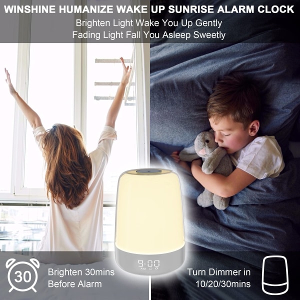 Touch Wake Up Night Light med Sunrise Simulation Vækkeur, 3-vejs dæmpbar varm hvid sengelampe RGB Ambient Bord Natbord Light, Timer Mode