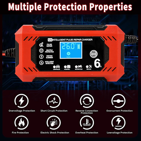 Bil- och motorcykelbatteriladdare, 12V 6A Smart batteriladdare med LCD-display, bilbatteriladdare för bilar, motorcyklar, lastbilar, gel, SLA