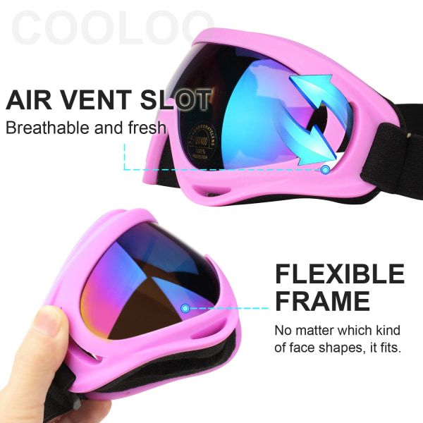 Skibriller, Motorsykkelbriller, Snowboardbriller for menn Damer Barn - UV-beskyttelse Skum Anti-ripe Støvtette Fargede linser Rosa og hvite