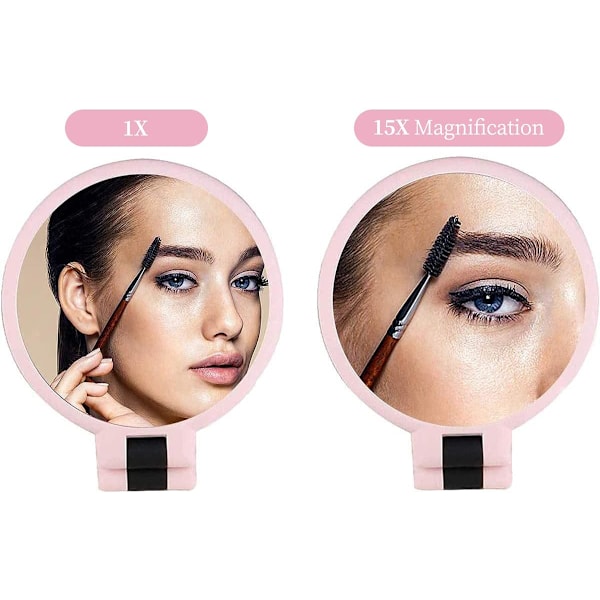 1 pakkaus 15x suurentava käsipeili, kaksisuuntainen matkakäsipeili taittuvalla kahvalla, suurentava käsipeili naisille matkapöydälle (vaaleanpunainen) pink