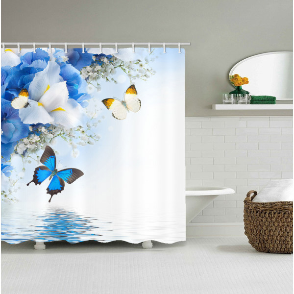 Kukkasuihkuverho, Eksoottisia kukkia lampi, Kangas Kylpyhuoneen set koukuilla, 180cm x 200cm, Sinivalkoinen