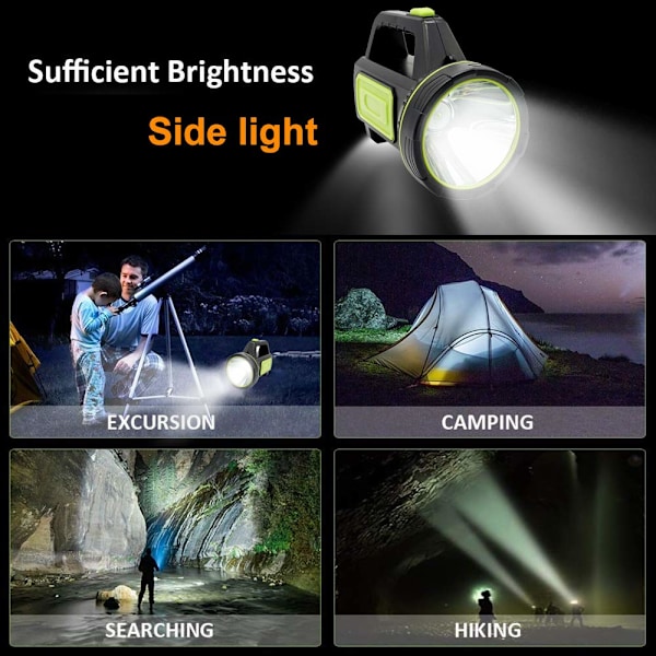 LED Ficklampa Campinglykta med Laddare, 10000 Lumen Sökljus Ficklampa Spotlight Lampa Svart för Utomhusvandring Fiske, Strömavbrott, Nödsituationer