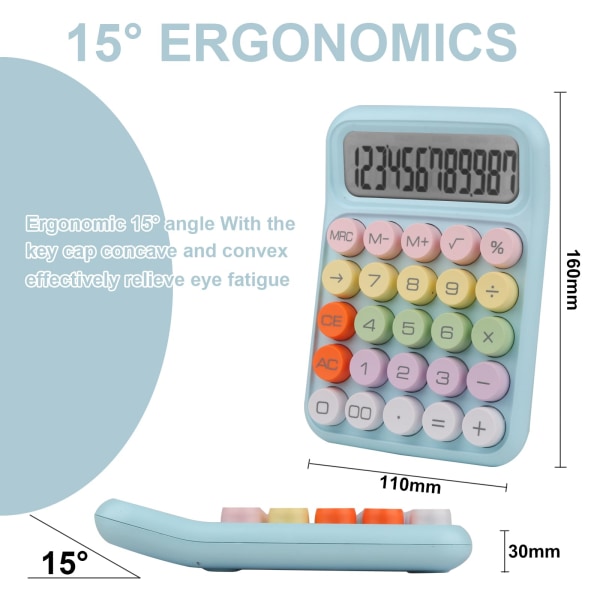 Värikäs Elektroninen Laskukone, 12-Numeroinen Suuri LCD-Näyttö ja Suuret Pyöreät Napit Makeisväriset Työpöytälaskukone Toimistoon, Kouluun, Kotiin (Sininen) Blue