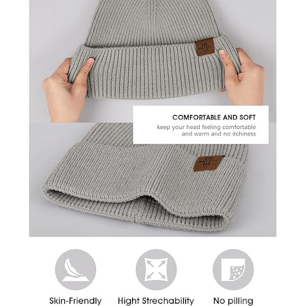 Strikket hue til mænd, dagligdags hue med opsmøg, strækbar, blød og varm, unisex komfortabel uldhue, gaver til mænd/ham/far, julegave Grey