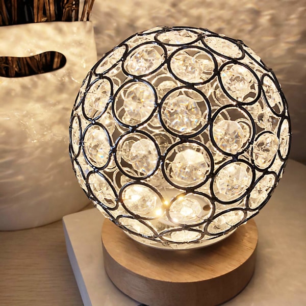 Krystall USB Bordlampe Sølv Krystallkule med Trebase Nattlampe Dimbar Nattlys for Soverom, Stue, Kontor, Beste Gaver