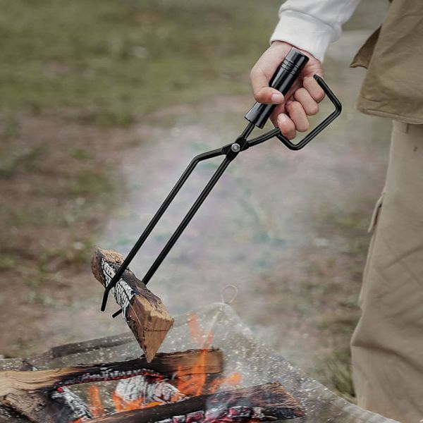 Bålpanne-tang utendørs med trehåndtak, peistilbehør for utendørs bruk, piknik, grilling