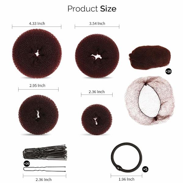 Hår Donut Bun Maker, Flickors Hårstyling Set med 20 Osynliga Hårnät för Bun, 5 stycken Håregummin, 20 stycken Hårsnoddar, Brun