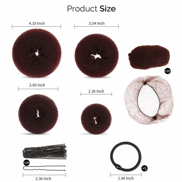 Hår Donut Bun Maker, Pige Hår Styling Kit med 20 stk Usynlige Hårnet til Bun, 5 stk Hår Elastikbånd, 20 stk Hår Bobby Pins, Brun