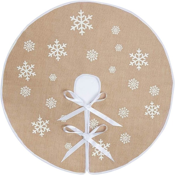 Christmas Tree Skirt, White Snowflake Printed Round Burlap Tree Skirt, Suitable (48 Inch, Khaki)