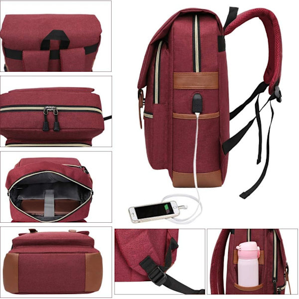 Laptopväska upp till 15,6'' Casual Vattentät Affärsrese Ryggsäck Skolväska Unisex USB Laddningsryggsäckar Wine Red