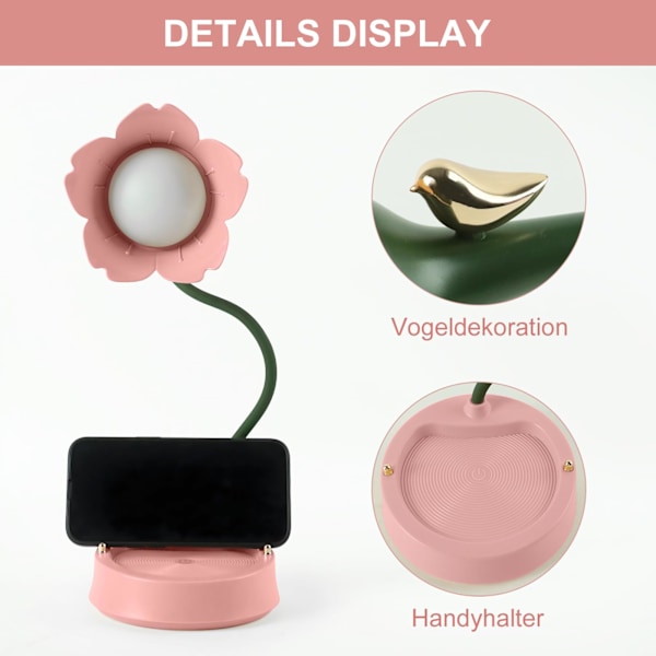 Skrivbordslampa för Barn, Sky Dimbar LED Bordslampa med 3 Färgtemperaturer, Uppladdningsbar Touch Sensor Skrivbordslampa med Flexibel Arm, USB Sänglampa (Rosa) Pink