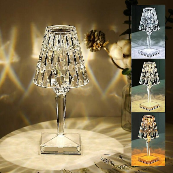 Diamond Crystal Bordlampe, USB Genopladelig Krystal Soveværelse Natlampe, Justerbar Temperatur/Lysstyrke