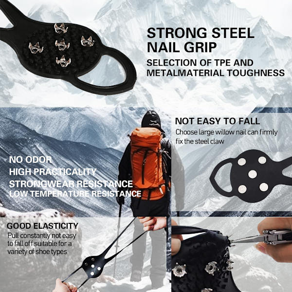 2 Par Isgrips, Snøgrips med God Elasticitet, Brodder til Sko med 5 Anti-Skli Pigger, Sklisikre Grips Pigger for Gåing, Arbeid, Fiske