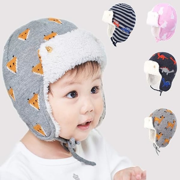 Baby Pojkar Flickor Djur Öronlapp Hatt Dinosaurie Rävtryck Varm Fleecefodrad Mössa Julklapp