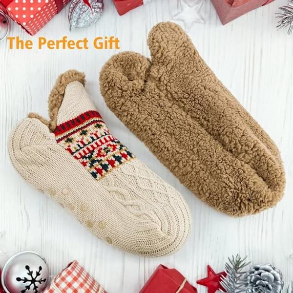 Toffelsockor för män och kvinnor, fluffiga strumpor med grepp, halkfri fleecefodring, termiskt stöd, julklapp L 43-45 Off White 43-45