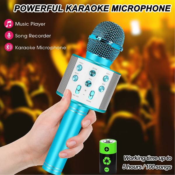 Roliga leksaker för flickor, handhållen karaokemikrofon, födelsedagspresenter för pojkar, flickor, trådlös bluetooth mikrofon Ny avancerad LED-lampa (blå)