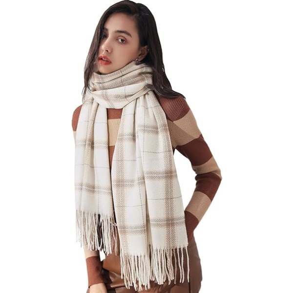 Vinterrutete skjerf for kvinner, langt vinterskjerf, myke varme skjerf, duske-sjal, lang stola, julegave Off White