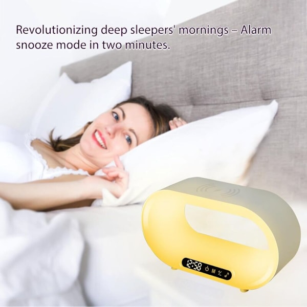 Vækkeur Natlampe, Lys Vækkeur med Trådløs Oplader, Søvnhjælp, Snooze Timer-tilstand, 3 i 1 Natlampe, Ideel