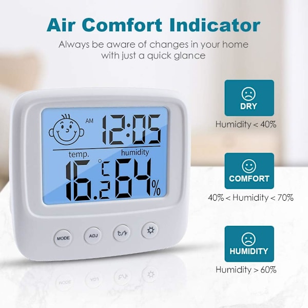 Digitalt Hygrometer Indendørs Termometer Rumtermometer og Fugtighedsmåler med Temperatur Fugtighedsmonitor, Baggrundsbelysning, Ur & ℃/℉ Funktion