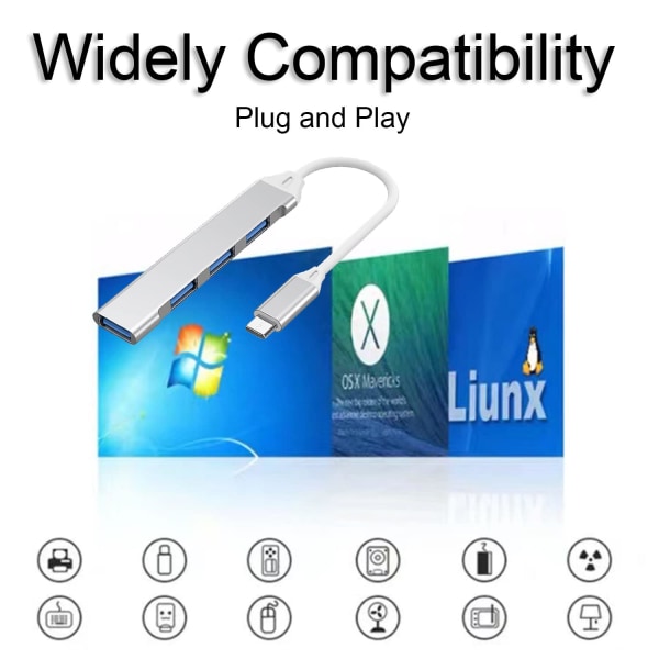 Type-C-keskitin, Ultra-ohut 4 portin keskitin USB 3.0/2.0 -liitäntöineen, USB A - USB C -sovittimella, yhteensopiva MacBookin, Mac Pron, PC:n, flash-aseman ja ulkoisen kiintolevyn kanssa