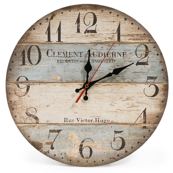 34 cm Vintage Rustik Väggklocka, Tyst Timerklocka i trä för Hem Vardagsrum Sovrum Kontor Café Bar Inredning (Victor Hugo)