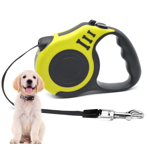 Infällbar hundledning, förlängbar med halkfritt handtag och justerbar hundledning, 5 m nylon , enhandsbroms, pauslås (gul)