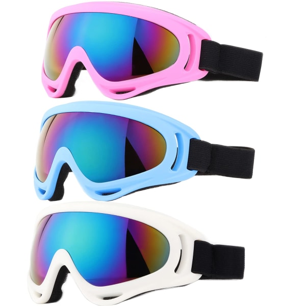 Skibriller, pakke med 3 snowboardbriller til børn, drenge, piger, ungdom, mænd, kvinder (Pink, Blå og Hvid)