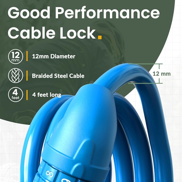 Sykkellås, sykkellås 4 fot kabelås 1/3 tommers tilbakestillbar sykkellås kombinasjon med monteringsbrakett-blå