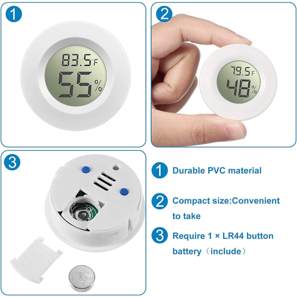Mini Digital LCD Termometer Hygrometer för Inkubatorer Inomhus Reptil Uppfödningslåda Väderstation Växthus Källare Rund(Vit)