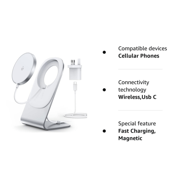 Magnetisk trådlös laddare för iPhone 15/14/13/12-serien - med Mag Safe-laddningsstativ och adapter, kompatibel med Magsafe iPhone (brittisk standard)