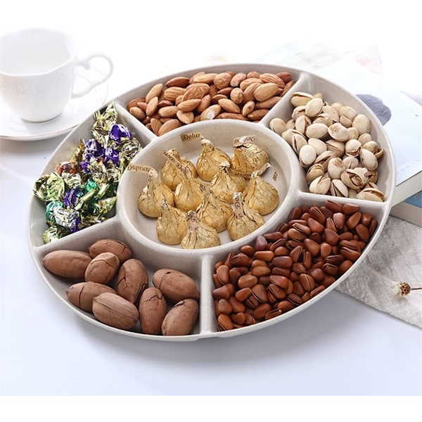 1 x 6-roms matoppbevaringsbrett tørket frukt snackbrett, 28,5 cm