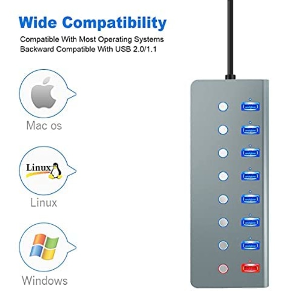 USB-hub med strömförsörjning, 7-portars USB-hub med ström 3.0 | Multi USB-portexpander med på/av-knappar och 5V/3A strömadapter för bärbar dator, MacBook, Mac Pro