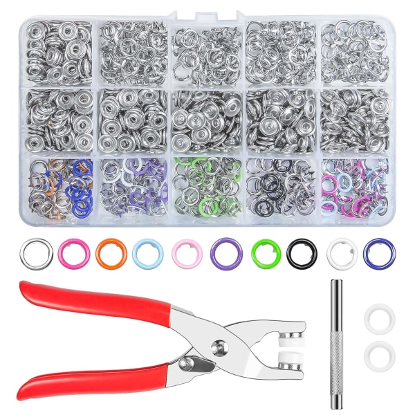 Snappknappssats, 200 set 9,5 mm metallknappar, tryckknappar utan sömnad, verktygssats med fem klor, 10 färger