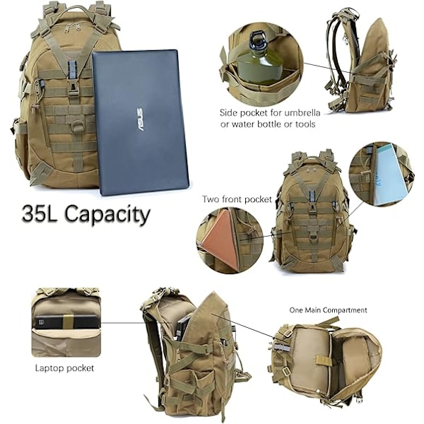 35L taktinen reppu, armeijan sotilasreppu, vedenpitävä vaellus-, retkeily-, pyöräily- ja matkareppu, ulkoilureppu miehille ja naisille CP Color