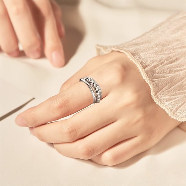 Ångestring för Kvinnor, Fidgetring i Sterling Silver, Justerbara Pärlringar Ångestlindringsringar, Stressreducerande Spinnerringar för Män Kvinnor