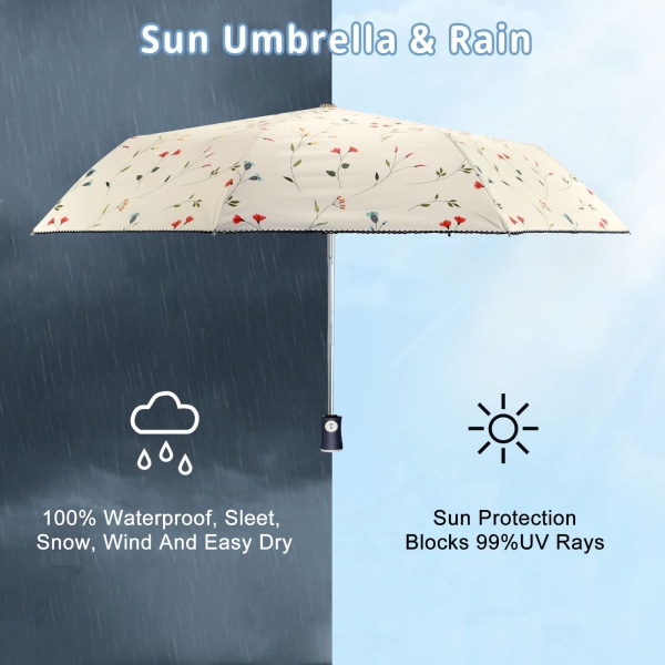 UV Solparaply Kompakt Foldbar Rejseparaply Automatisk Åbning og Lukning Vindtæt, Vandafvisende & UV Beskyttelse Parasol med Sort Anti-UV Belægning